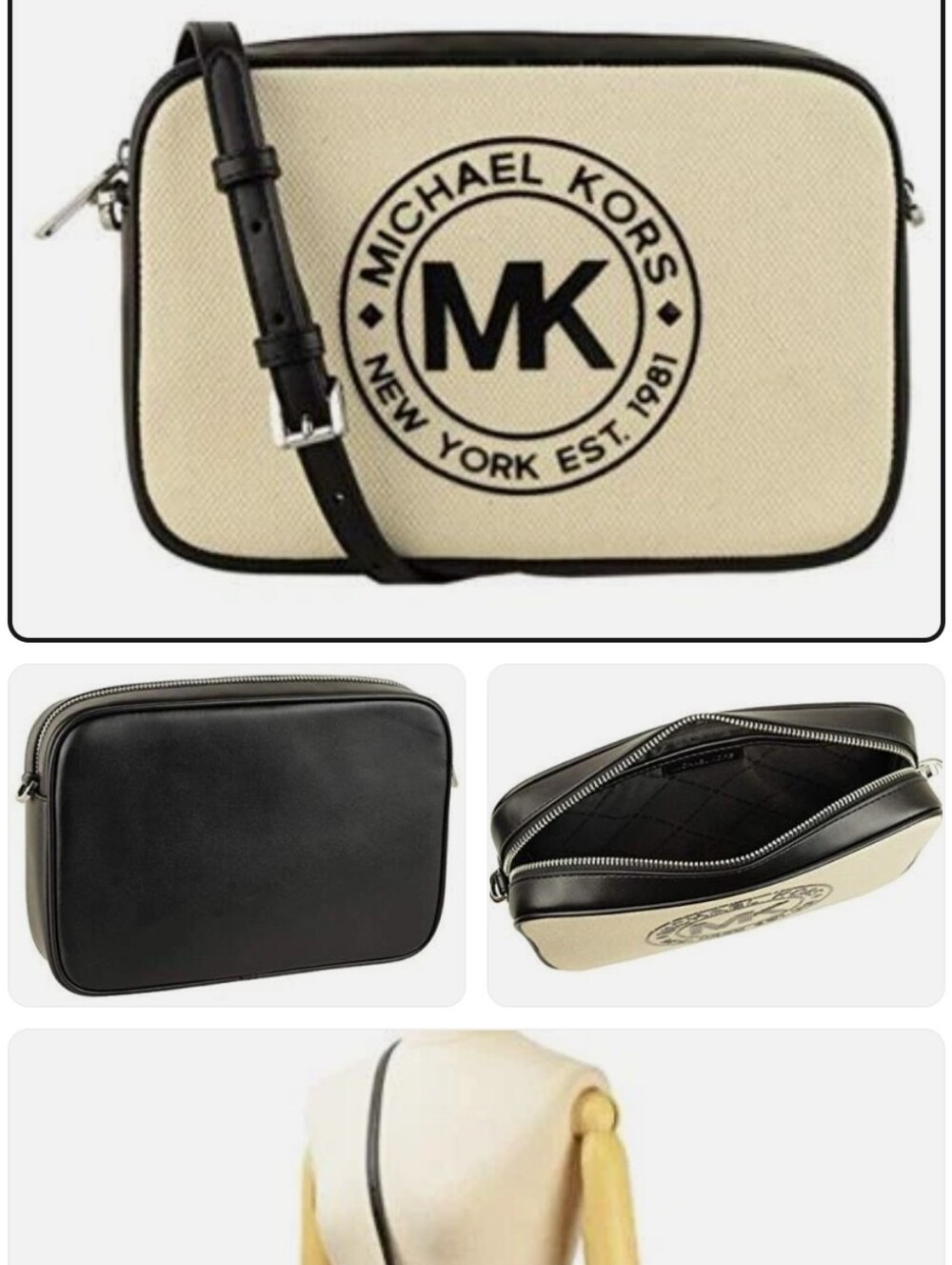 Michael Kors Cream and Black MK Logo Crossbody Camera Bag